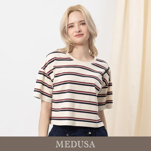 【MEDUSA 曼度莎】現貨-台灣製 海軍風條紋拉鍊寬鬆T恤（M-XL）｜女短袖T恤 女休閒上衣 條紋T恤(601-5150A)