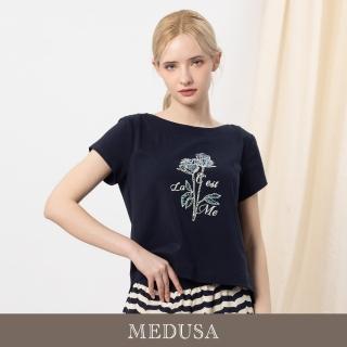 【MEDUSA 曼度莎】現貨-藍色亮片刺繡花朵圖案T恤（M-XL）｜女短袖T恤 女休閒上衣(601-5220A)