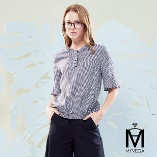 【MYVEGA 麥雪爾】MA天絲黑白格紋荷葉領五分袖上衣-黑
