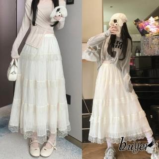 【buyer 白鵝】蕾絲 拼接網紗壓褶 寬裙 紗裙 長裙(米杏)