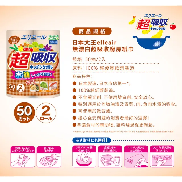 【日本大王】elleair 無漂白超吸收廚房紙巾_2包組(50抽x4捲)