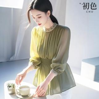 【初色】法式純色拼接蕾絲褶皺收腰顯瘦雪紡長袖上衣女上衣-綠色-11346(M-XL可選)