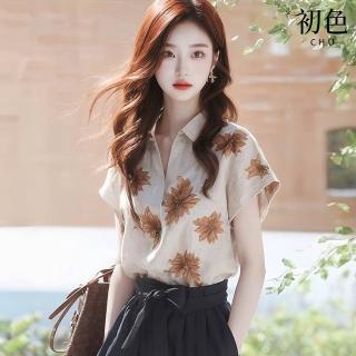 【初色】文藝印花亞麻寬鬆薄款透氣翻領短袖襯衫上衣女上衣裝-花色-11337(M-2XL可選)