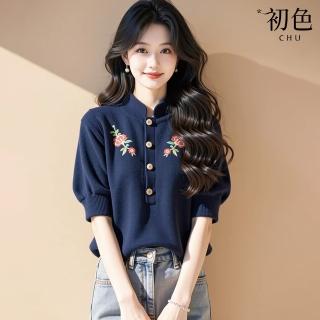 【初色】新中式復古簡約印花立領泡泡短袖針織衫上衣女上衣-藏藍色-11322(F可選)