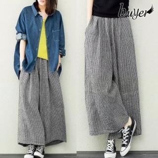 【buyer 白鵝】泡泡格 涼感 薄格紋 鬆緊 口袋 寬褲 褲裙(黑白細格)