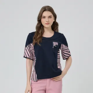【ILEY 伊蕾】印花拼接顯瘦絲光棉上衣(深藍；M-2L；1252181218)