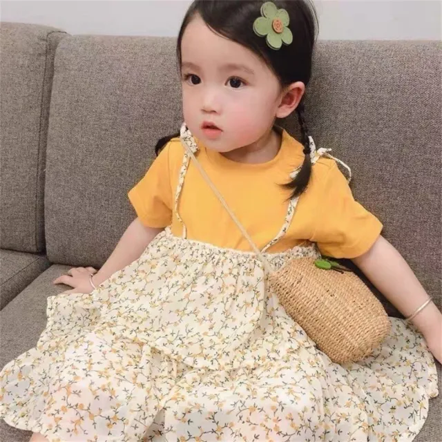 【安朵童舖】現貨韓版兒童短袖假兩件連身蛋糕裙女童碎花連身洋裝女寶短袖連身裙(003)