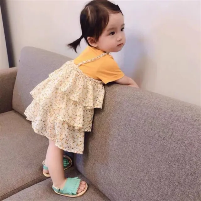 【安朵童舖】現貨韓版兒童短袖假兩件連身蛋糕裙女童碎花連身洋裝女寶短袖連身裙(003)