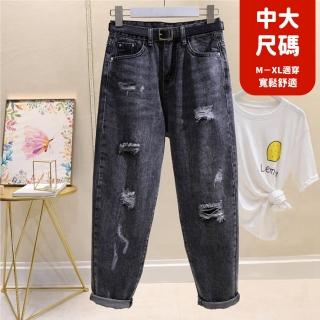 【JILLI-KO】復古黑灰色老爹破洞風九分牛仔褲-M/L/XL/2XL(黑)