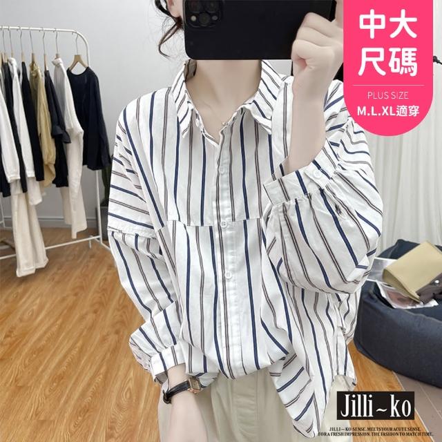 【JILLI-KO】復古蝙蝠袖寬鬆直條紋襯衫-F(白)