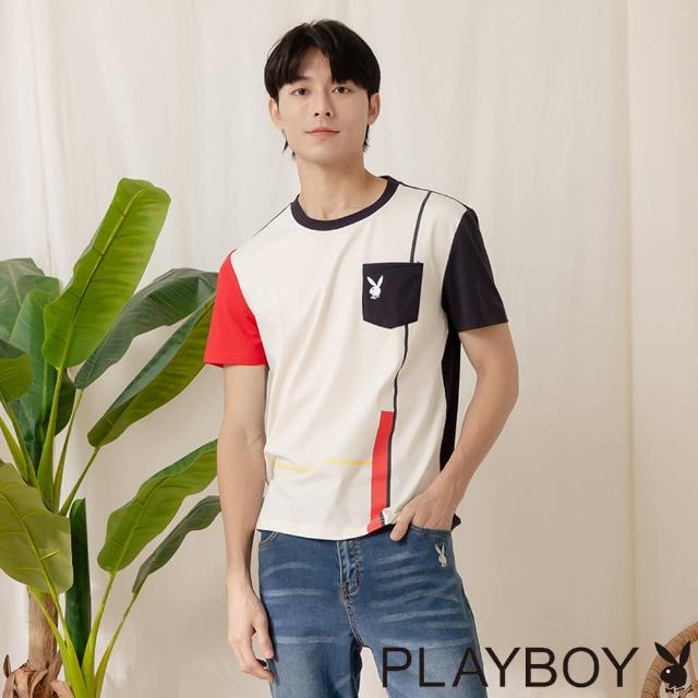 【PLAYBOY】經典藍白紅拼接上衣(米白色)