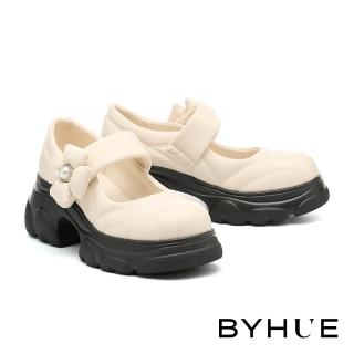 【BYHUE】個性可愛珍珠晶鑽澎澎花朵寬頻瑪莉珍軟芯厚底鞋(米白)