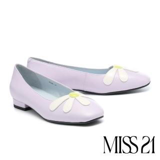 【MISS 21】可愛小美好大花花軟牛皮方頭娃娃低跟鞋(紫)