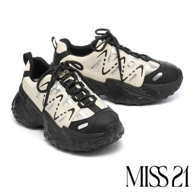 【MISS 21】帥氣個性撞色W虛線異材質綁帶厚底休閒鞋(黑)