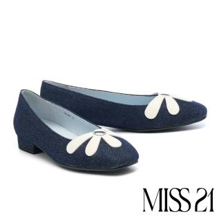 【MISS 21】可愛小美好大花花牛仔布方頭娃娃低跟鞋(藍)