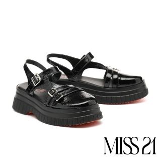 【MISS 21】太空少女方釦多寬帶皺漆牛皮後繫帶大頭厚底鞋(黑)