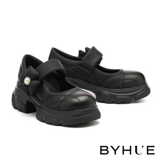 【BYHUE】個性可愛珍珠晶鑽澎澎花朵寬頻瑪莉珍軟芯厚底鞋(黑)