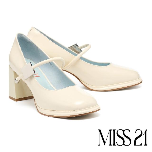 【MISS 21】甜美知性方釦環繫帶漆牛皮瑪莉珍方頭高跟鞋(白)