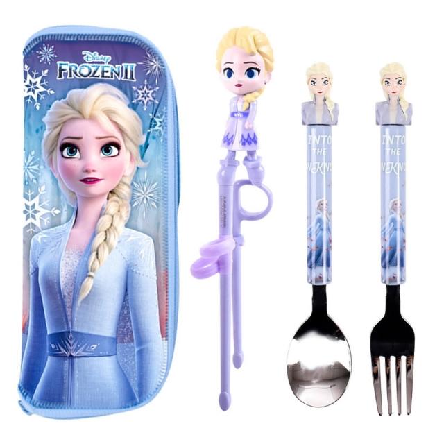 【Disney 迪士尼】冰雪奇緣 學習餐具4件組(韓國製 正版 耐高溫 筷子 湯匙 叉子)