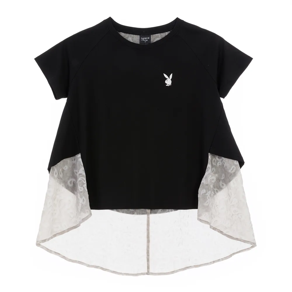 【PLAYBOY】寬鬆塗鴉雪紡拼接上衣(黑色)