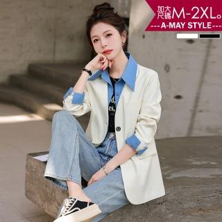【艾美時尚】中大尺碼女裝 外套 襯衫 設計感假兩件撞色拼接翻領顯瘦西裝外套。M-2XL(2色.預購)