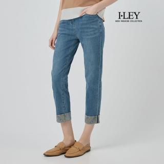 【ILEY 伊蕾】刺繡反摺窄管棉質牛仔褲(藍；M-XL；1252338612)