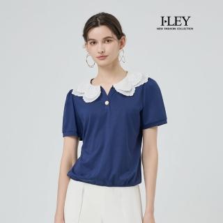 【ILEY 伊蕾】釦飾小V領蕾絲縲縈上衣(深藍；M-XL；1252261201)