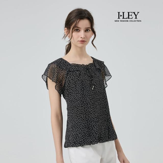 【ILEY 伊蕾】小荷葉寬領印花雪紡上衣(黑；M-XL；1252251402)