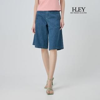 【ILEY 伊蕾】刺繡車褶棉質五分牛仔褲(藍；M-XL；1252338606)