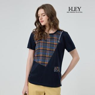 【ILEY 伊蕾】格紋拼接抽皺絲光棉上衣(深藍；M-3L；1252181236)