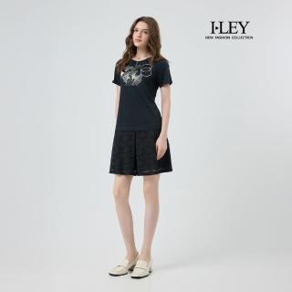 【ILEY 伊蕾】刺繡拼接蕾絲純棉洋裝(深藍；M-2L；1252507004)