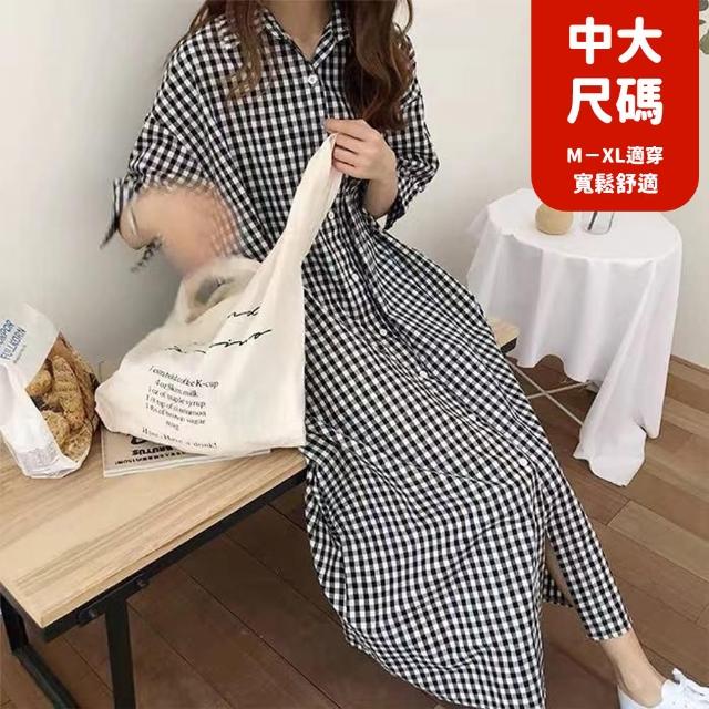 【JILLI-KO】超長款過膝寬鬆格子襯衫連衣裙-F(黑)