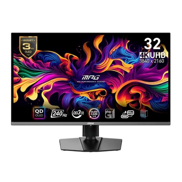 MSI MPG 321URX 是一款 QD-OLED 面板的 32 吋 4K 螢幕，具備 240Hz 重新整理率與 0.03ms GTG 反應時間，提供極致流暢的畫面與高對比度。支援 DisplayHDR True Black 400，亮度達 250 cd/m²，色彩表現為 10 bits，支援 sRGB 100%。擁有 178° 水平與垂直可視角度，窄邊框設計，並支援 HDMI、DisplayPort、DP Type-C 與 USB 訊號輸入。內建喇叭，支援 VESA 壁掛與壁掛洞，適合追劇、看片、辦公及遊戲使用，CP 值高，學生與 Gamer 都適合。
