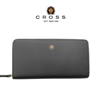 【CROSS】臺灣總經銷 頂級小牛皮拉鍊長夾 雅典娜系列(大象灰 送禮盒提袋)