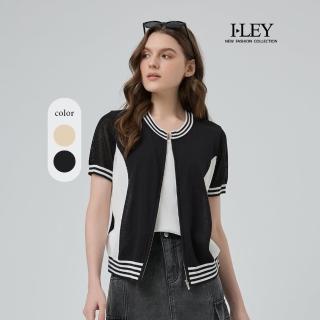 【ILEY 伊蕾】假兩件式拉鍊網格勾花針織上衣(兩色；M-XL；1251405420)