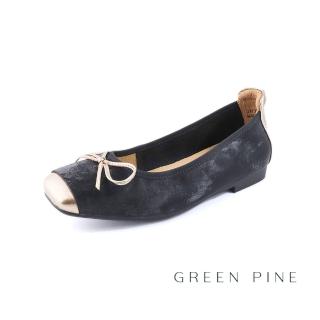 【GREEN PINE】優雅蝴蝶結平底真皮平頭娃娃平底鞋黑色(00311393)