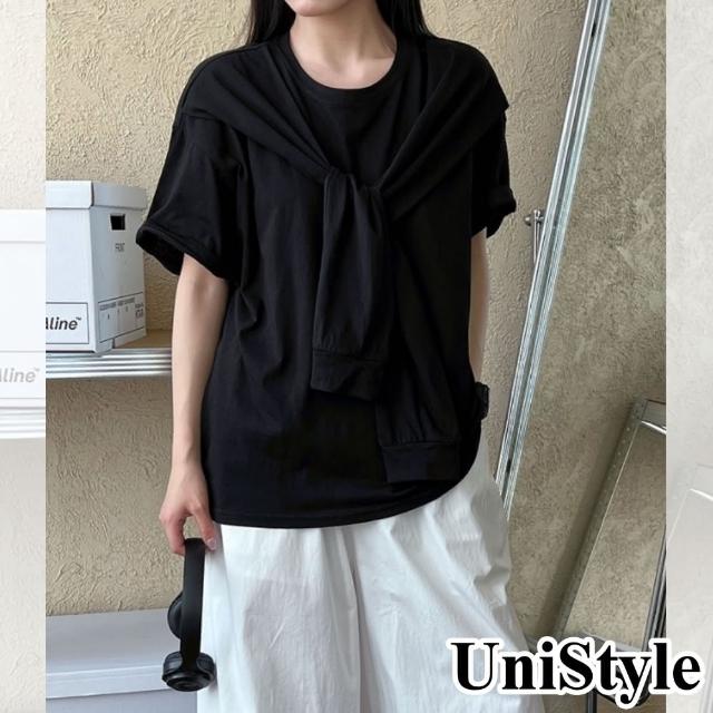 【UniStyle】假兩件短袖T恤 韓版披肩設計感上衣 女 UV2627(經典黑)