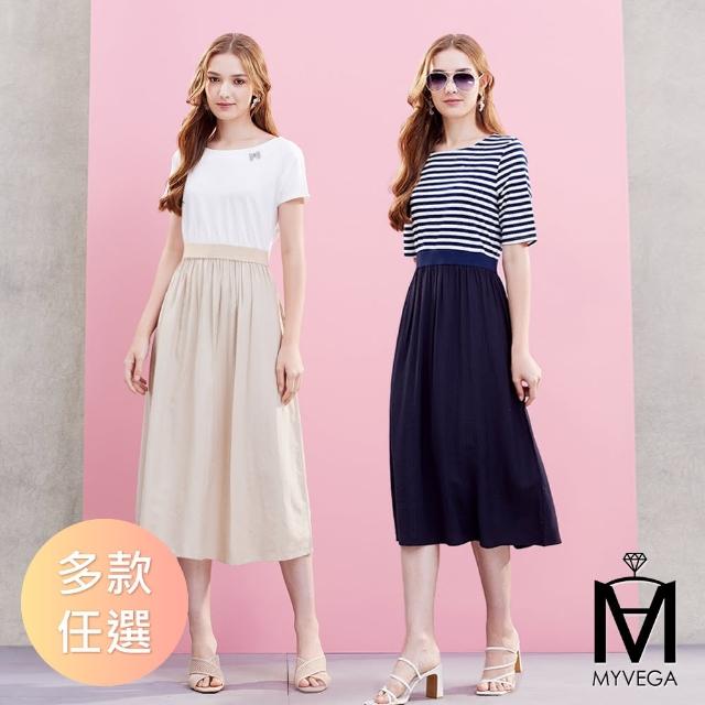 【MYVEGA 麥雪爾】MA高含棉異材質拼接連身長洋裝-多款任選(女洋裝/高含棉/純棉/連身洋裝)