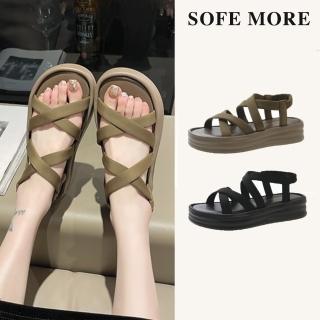 【SOFE MORE】防滑厚底增高羅馬涼鞋 彈性鬆緊帶休閒沙灘鞋 女款時尚厚底涼拖鞋 舒適鬆糕涼鞋(厚底涼鞋)