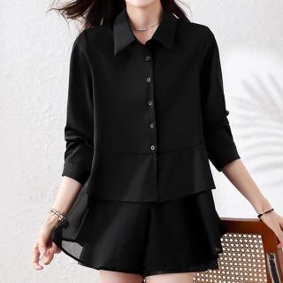 【麗質達人】9589翻領雪紡拼接假二件上衣-LY(L-5XL)