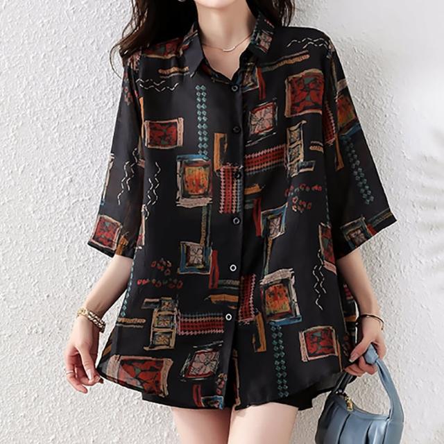【麗質達人】9587翻領五分袖襯衫上衣-LY(L-5XL)