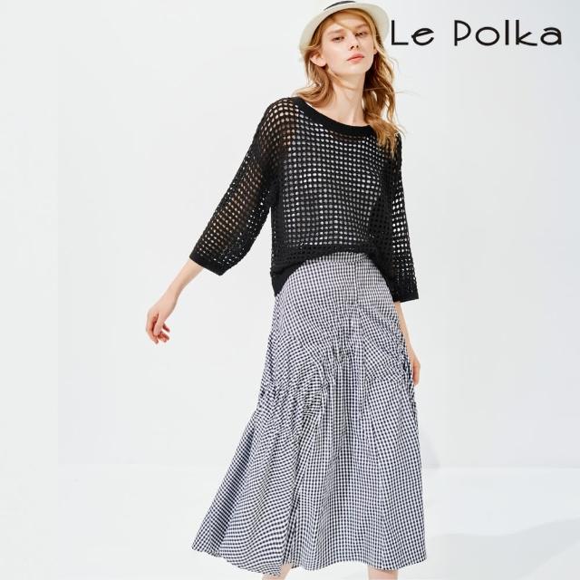 【Le Polka】摩登黑白格不規則抽皺長裙-女