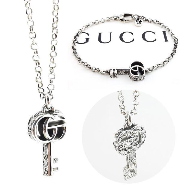 【GUCCI 古馳】價差五千元-純銀復古雙G雕花項鍊+耳環(兩件組)