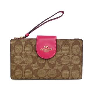 【COACH】PVC Logo真皮摺口手掛手機袋長夾(卡其C/亮桃)