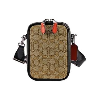 【COACH】C LOGO緹花布拼接皮革方型隨身斜背/手機包(卡其/小款)