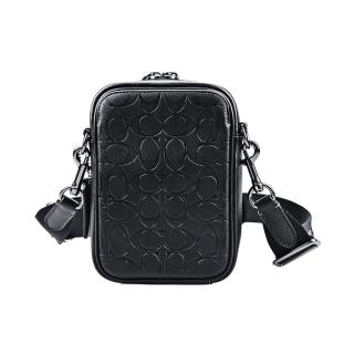 【COACH】C LOGO壓印皮革方型小款隨身斜背/手機包(黑色/小款)