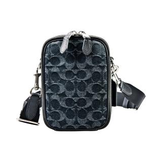 【COACH】C LOGO緹花布拼接皮革方型小款隨身斜背/手機包(黑色/小款)