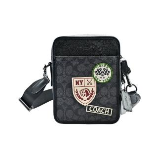 【COACH】C Logo PVC拼接荔枝紋皮革貼布繡方型小款斜背男包(碳黑/小款)