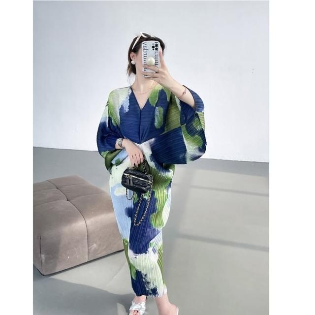 【巴黎精品】現貨+預購 皺褶洋裝日系連身裙(三宅風印花蝙蝠袖收腰女裙子2色a1jb66)
