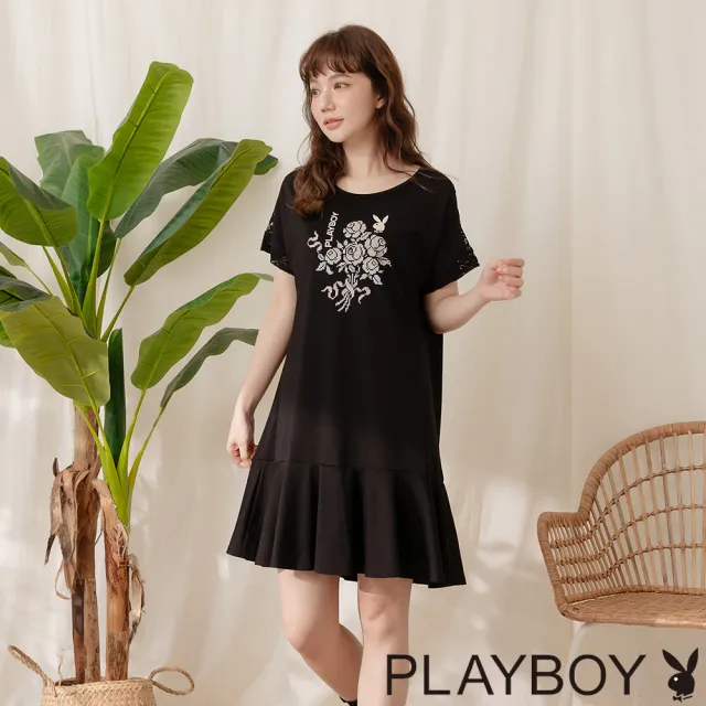 【PLAYBOY】後片蕾絲燙畫魚尾洋裝(黑色)